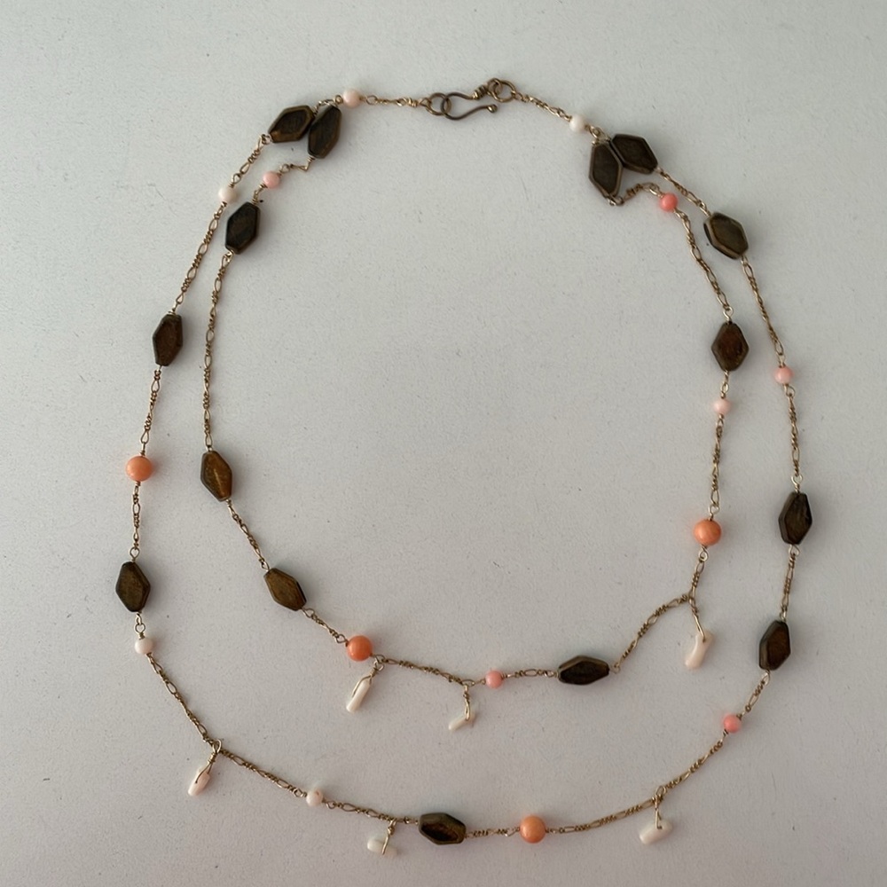 Double Strand Peach Coral & Wood Bead Chain Necklace